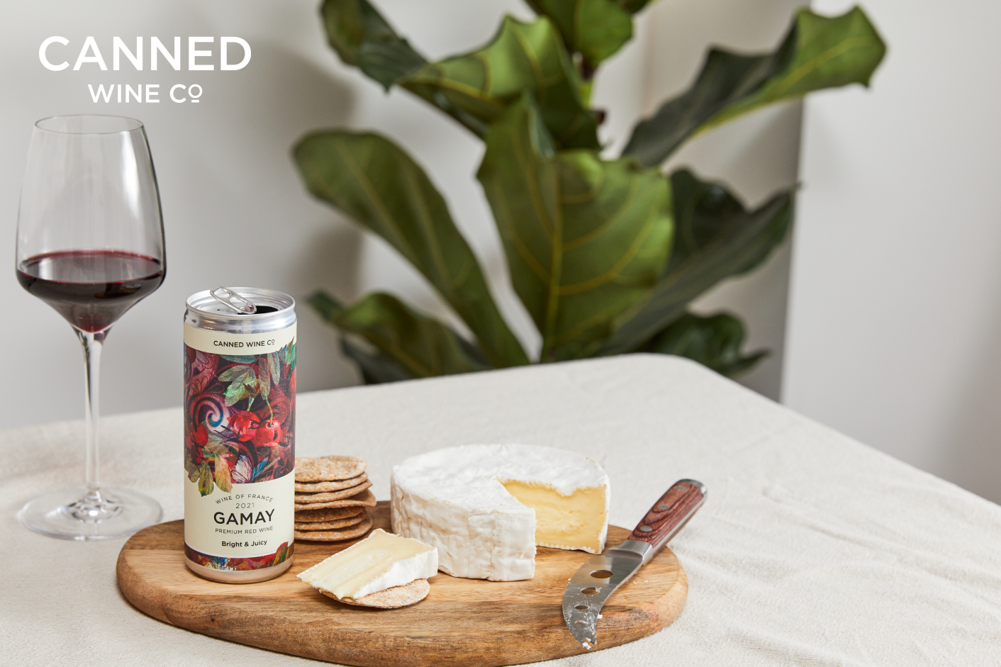 Canned Wine Co. Heritage Collection Gamay food pairings, which is pictured here with camembert cheese