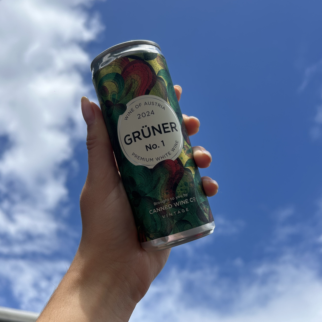 Hand holding a can of Gruner against a blue sky